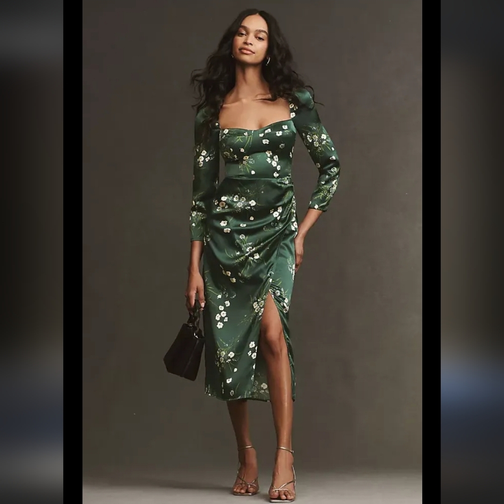 Reformation Gloriana Long-Sleeve Sweetheart Side-Slit Silk Midi Dress